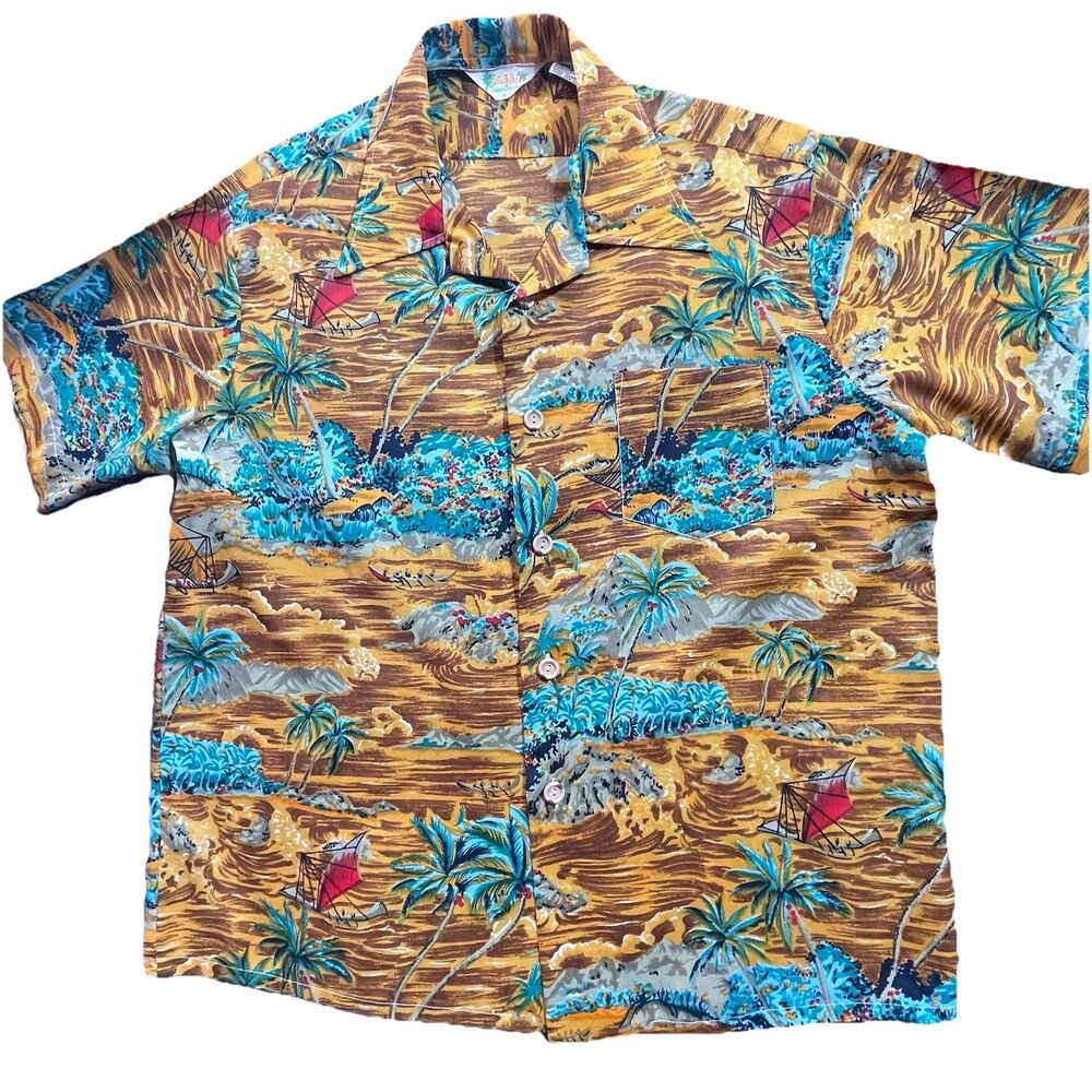 Vintage Waikiki 76 Mens Large Hawaiian Aloha Shirt Palm Trees Sail Boat Brown Lg